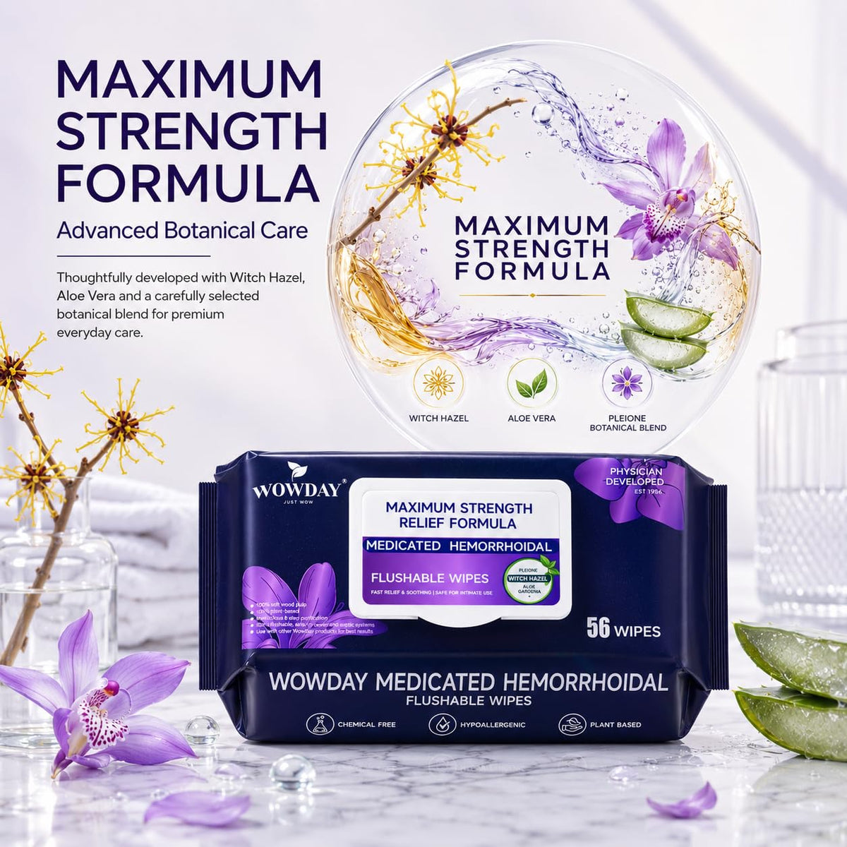Maximum Strength Hemorrhoid Wipes Flushable Witch Hazel Wipes 56 Count