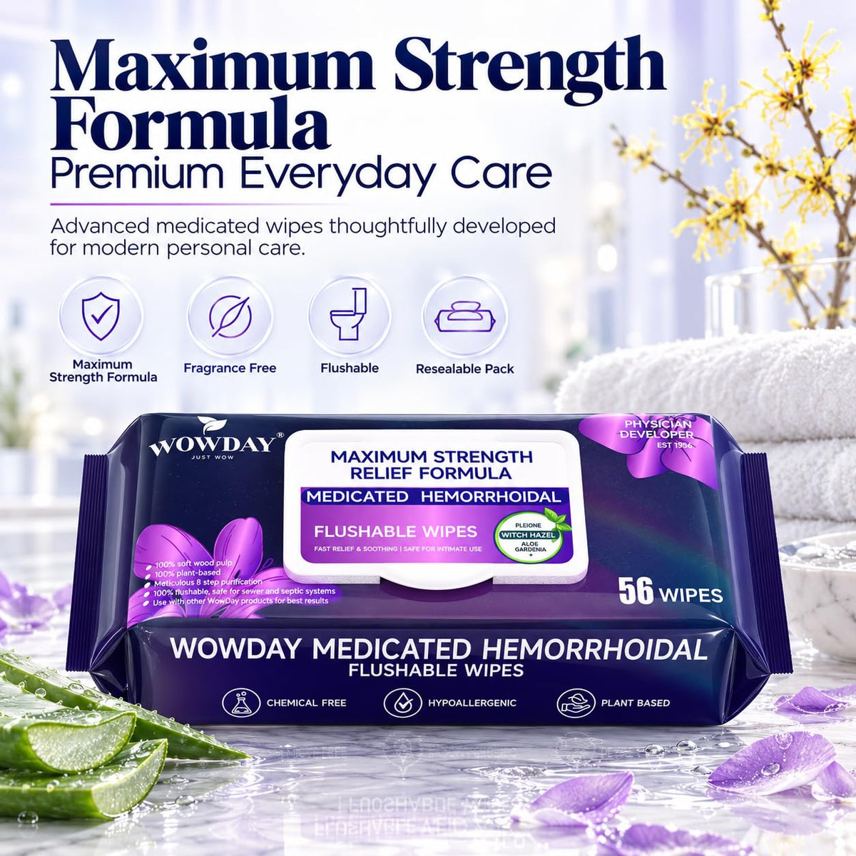 Maximum Strength Hemorrhoid Wipes Flushable Witch Hazel Wipes 124 Count