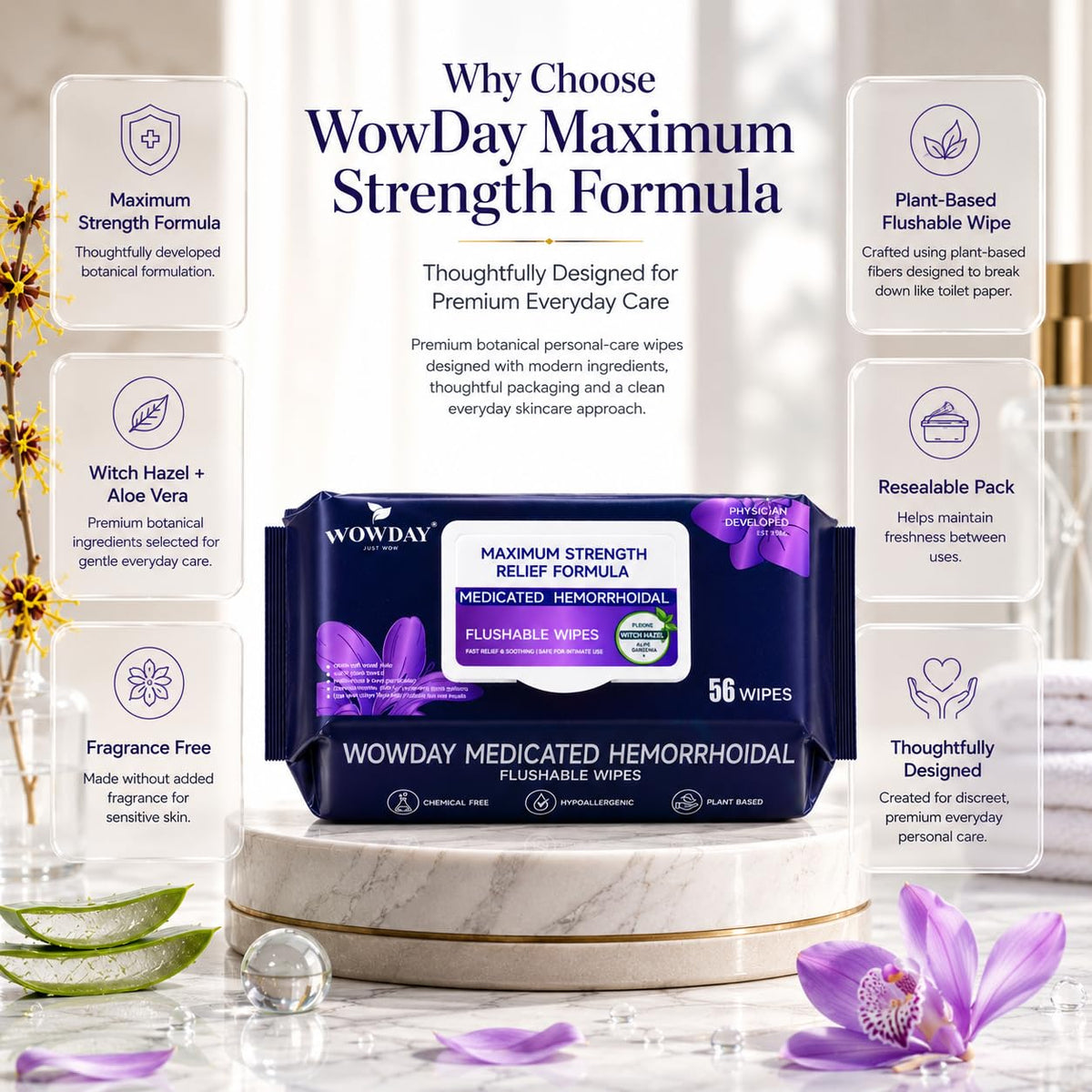 Maximum Strength Hemorrhoid Wipes Flushable Witch Hazel Wipes 56 Count